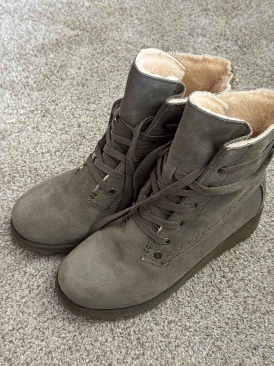 BearPaw Shoes - BearPaw Olive Gray Suede Lace-Up Ankle Boots with Faux Shearling